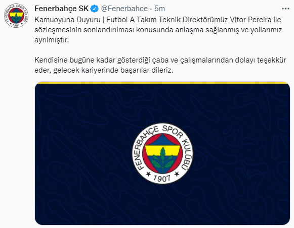 Son Dakika! Fenerbahçe Vitor Pereira ile Yollarını Ayırdı